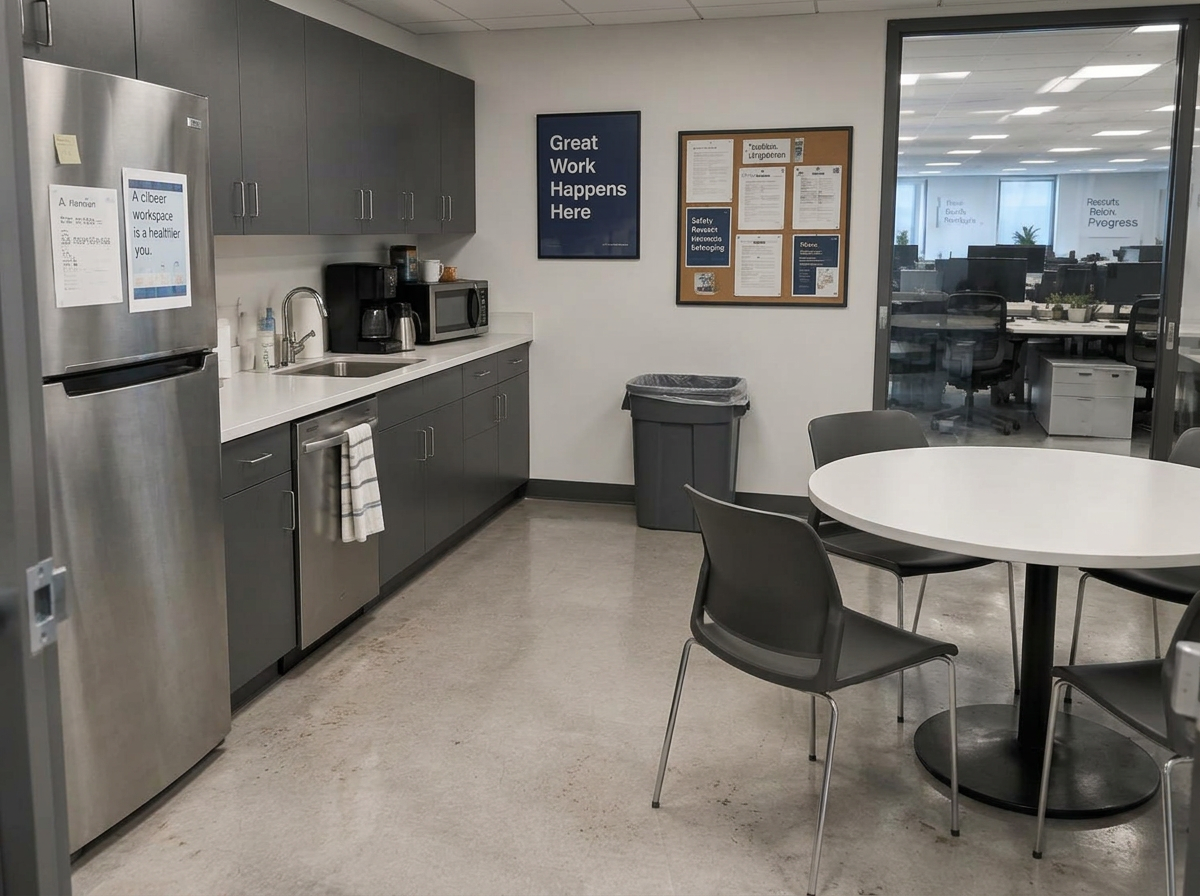 The same commercial office break room from the same camera position, cleaned and organized after NOTIVA CLEAN service
