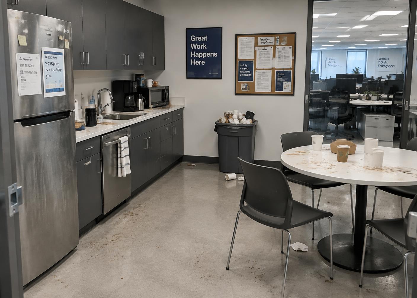 Commercial office break room with overflowing waste, used cups and dirty surfaces before NOTIVA CLEAN service