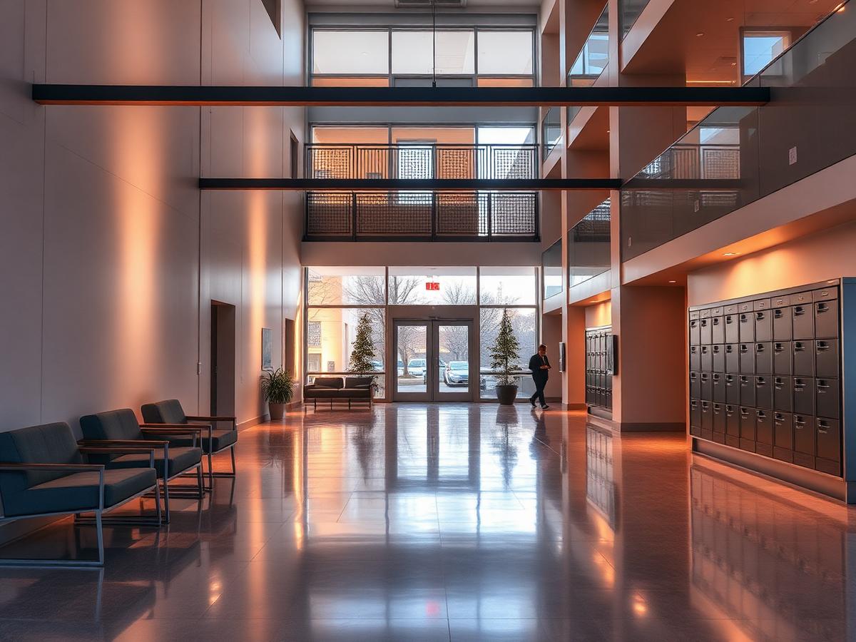 Clean commercial building lobby with seating and polished floors