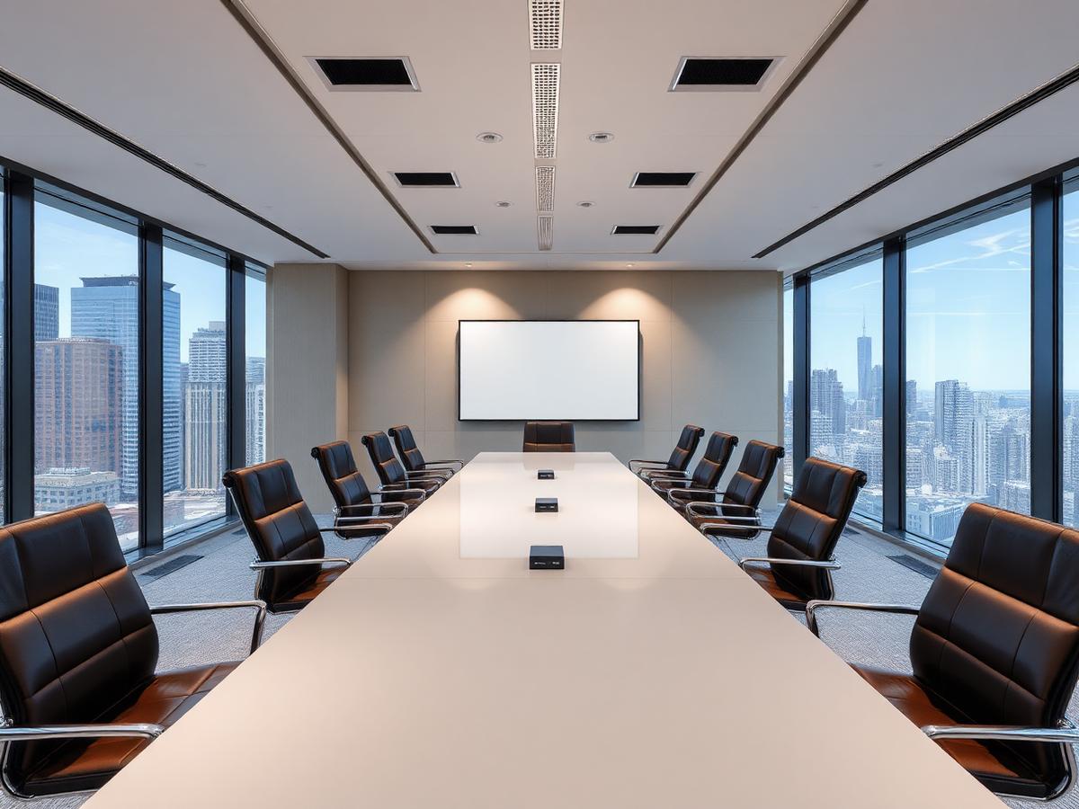 Immaculate corporate conference room with city views