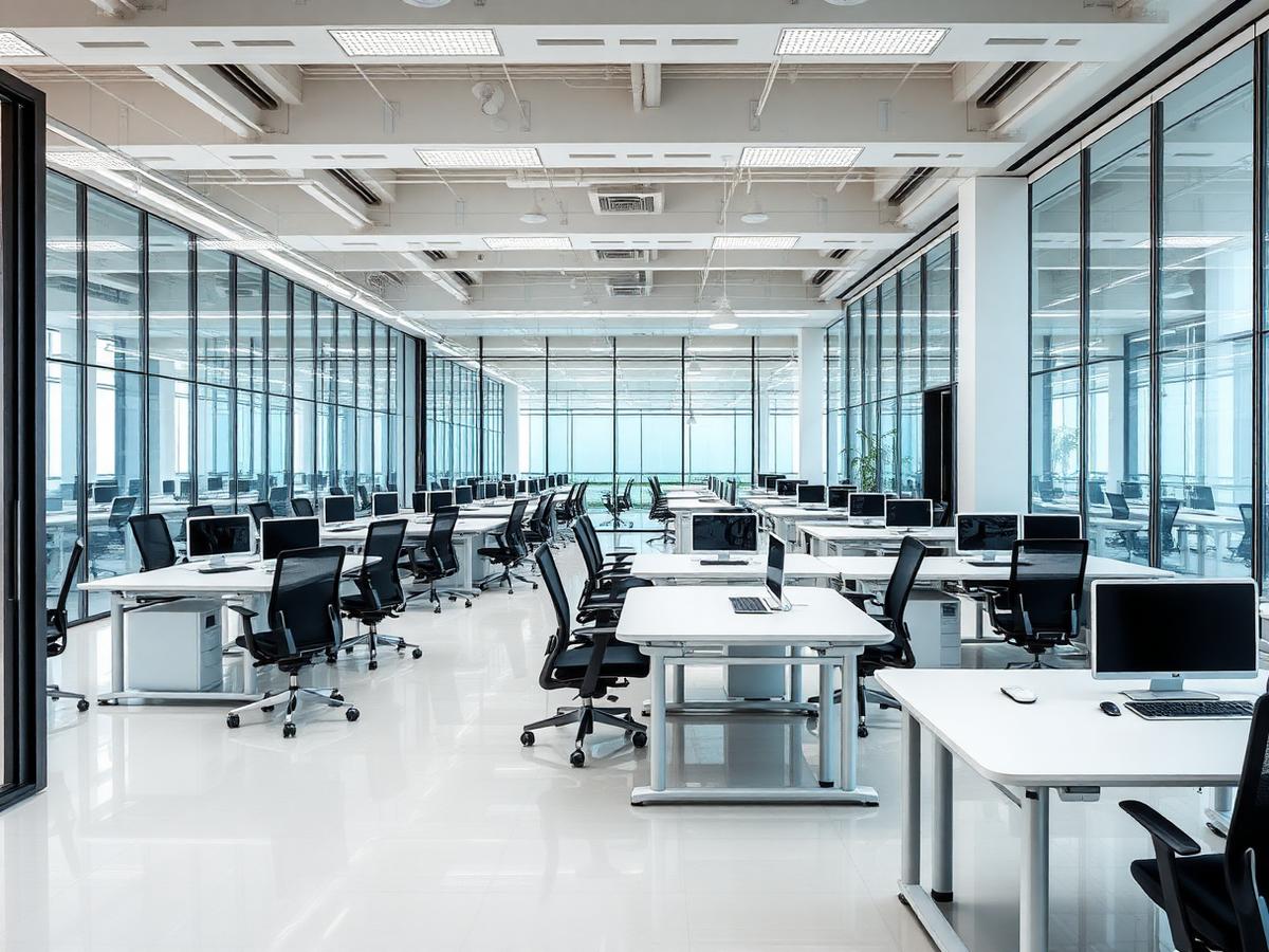 Clean modern open-plan office with tidy desks and polished floors