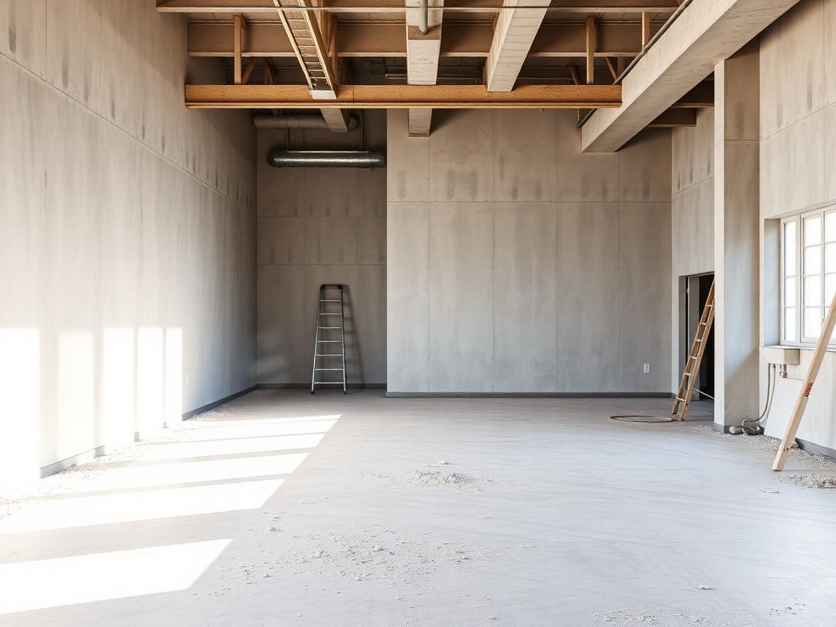 Commercial interior after construction with dust on concrete floors