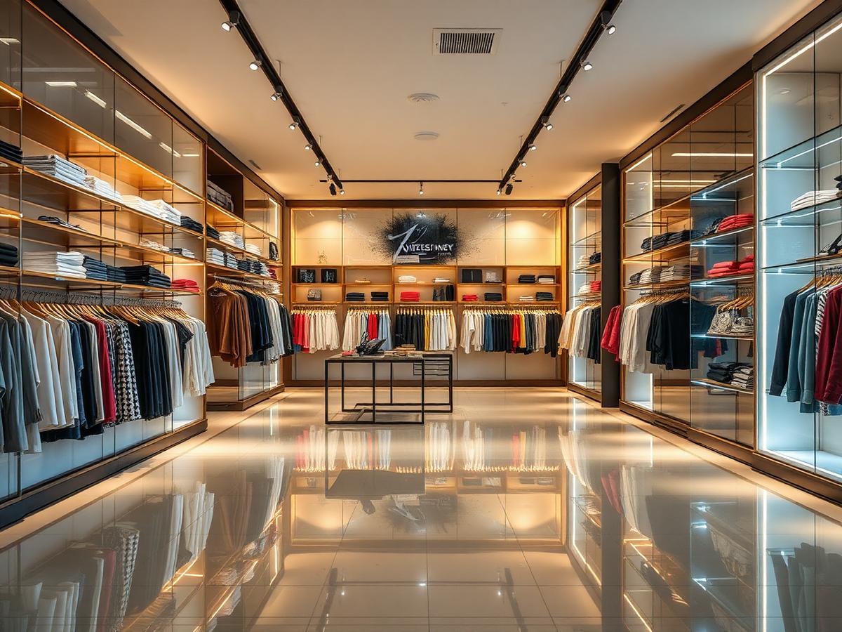 Clean retail store interior with tidy displays and glossy floor