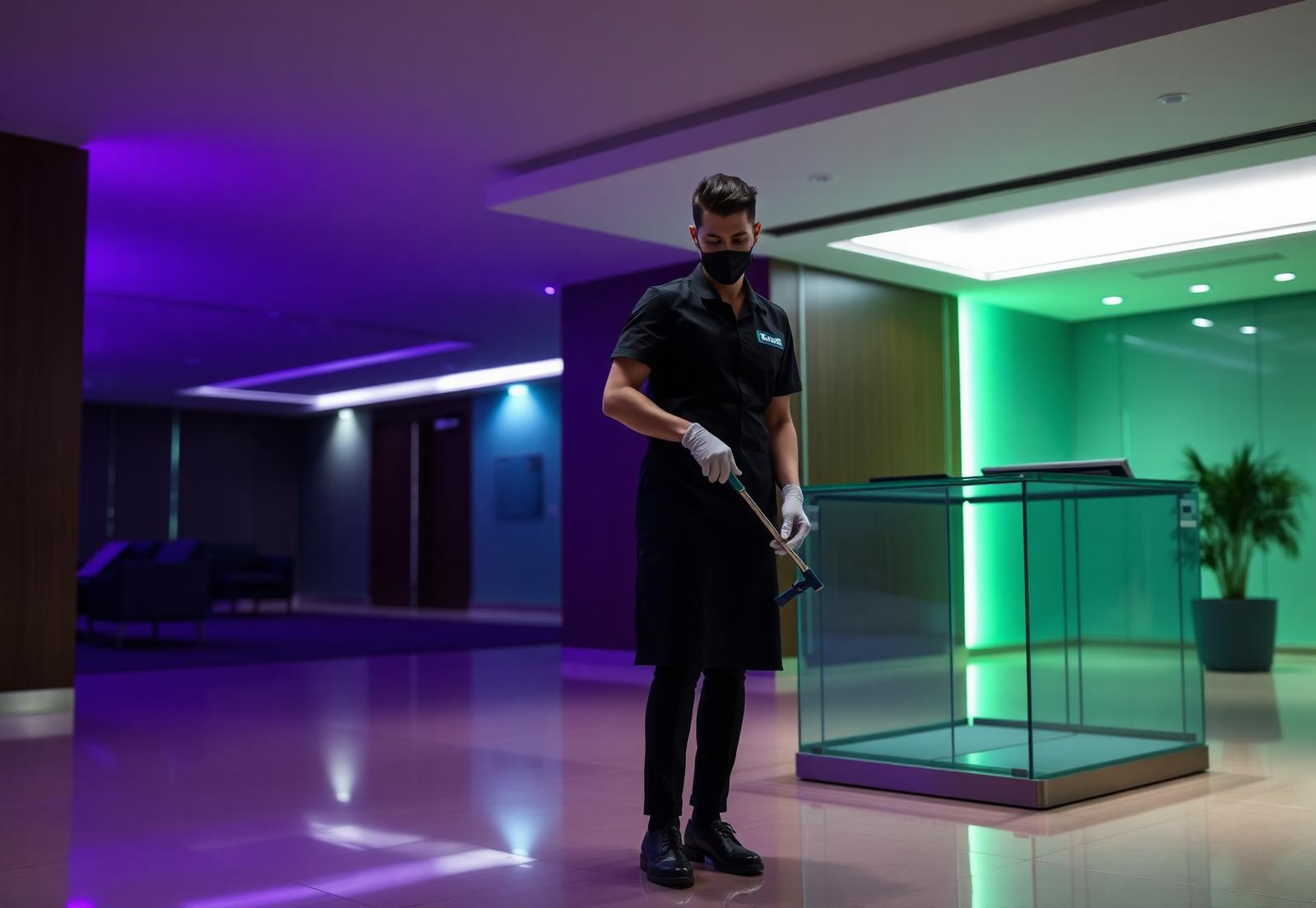 NOTIVA CLEAN service professional cleaning a modern commercial office lobby